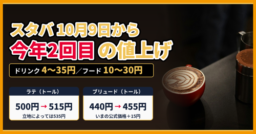 スタバが10月9日から全店で値上げ（今年2回目）